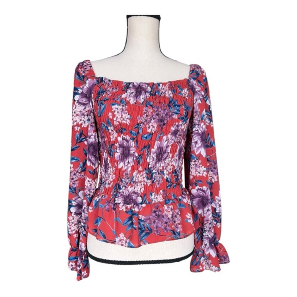 En Creme Anthropologie Red and Purple Floral Smocked Blouse Size L